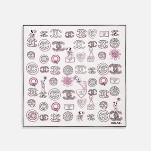 NEW Chanel 23P Puppy Dog CC Heart Charm 60 Square Silk Scarf Pink White Beige